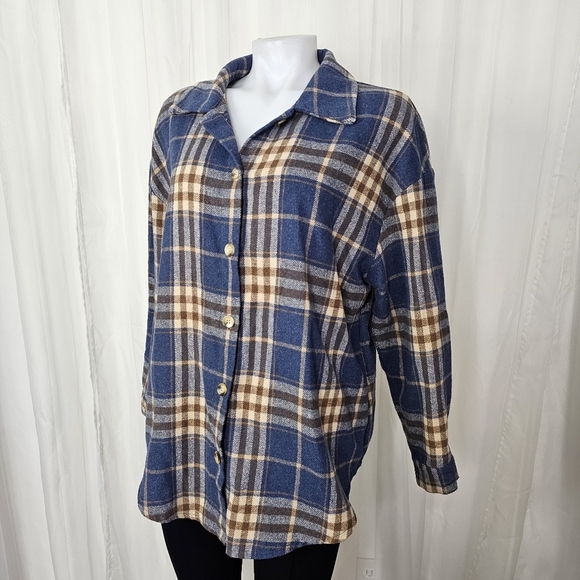 Shein blue and brown plaid oversized shacket size medium - Picture 1 of 6
